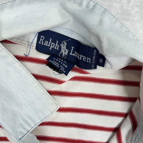Vintage Ralph Lauren Cropped Rugby Shirt Womens S Red White Stripe Crest Logo - Picture 4 of 8